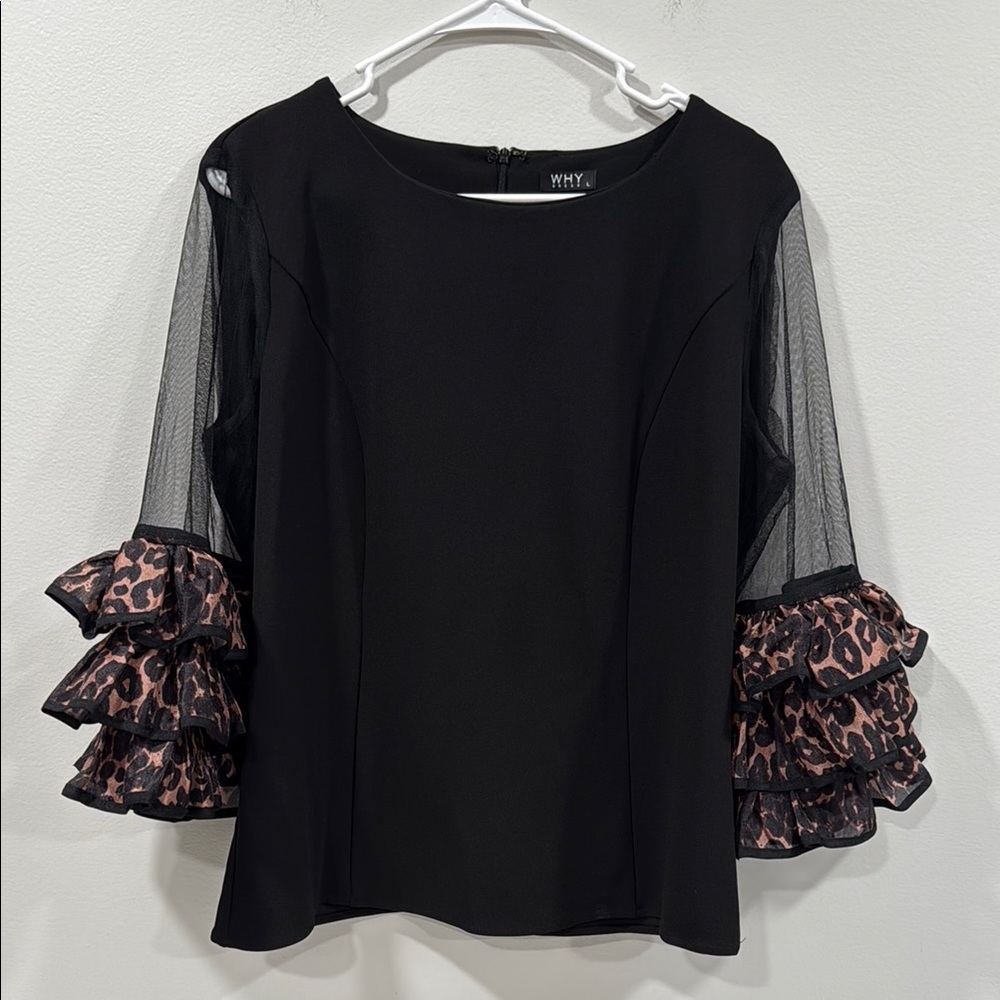 Why Dress Black Ruffled 3/4 Sleeve Blouse Size Large EUC
